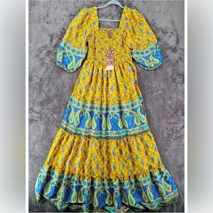 Me 2 Magic maxi, vibrant yellow & blue paisley pattern, smocked bodice tiered M